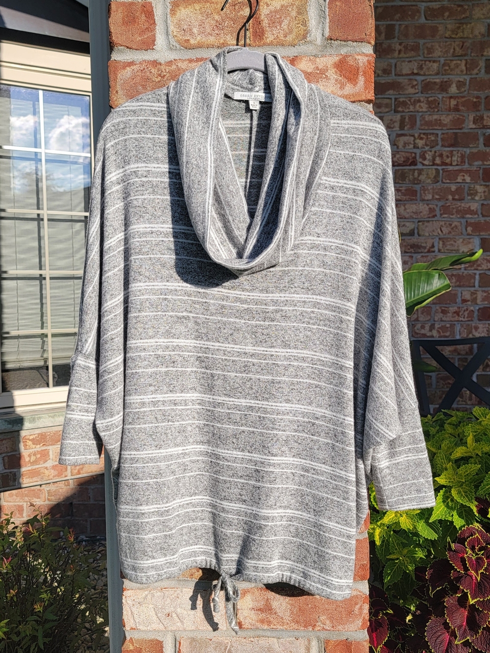Green Envelope Gray Striped Light-Weight Soft Cowlneck Sweater